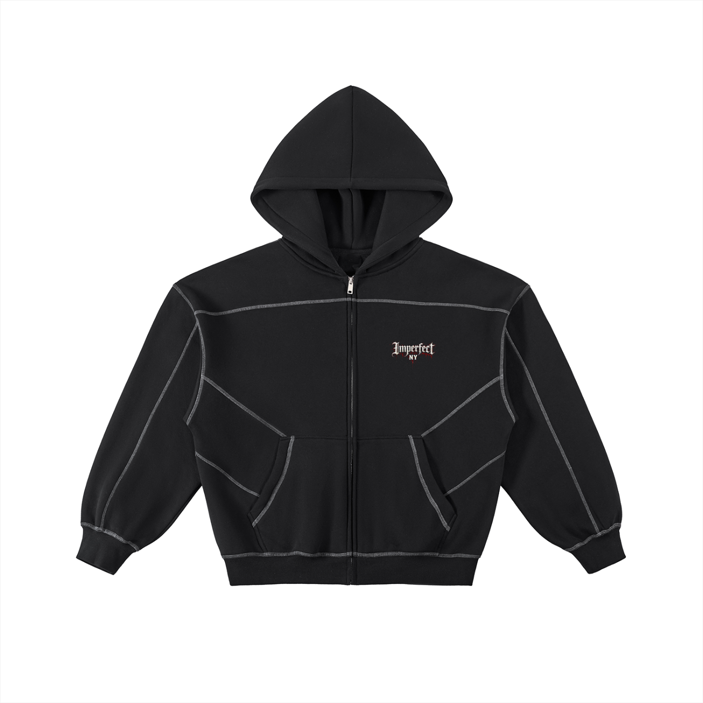 Contrast-Stitched Boxy Fleece Zip Hoodie
