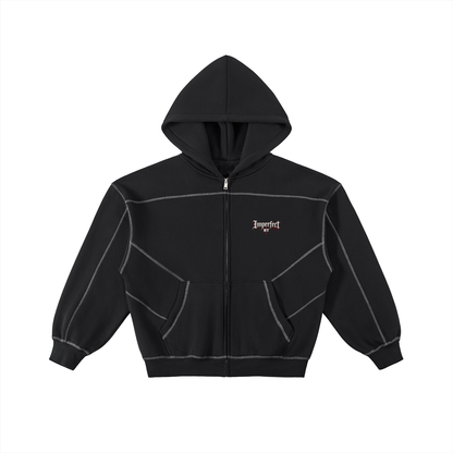 Contrast-Stitched Boxy Fleece Zip Hoodie